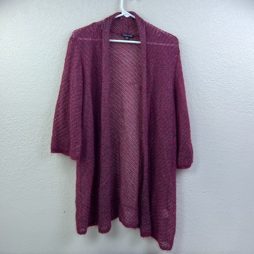 Eileen Fisher Metallic Cardigan Women's L Pink Mohair Wool Open Knit Evening Top